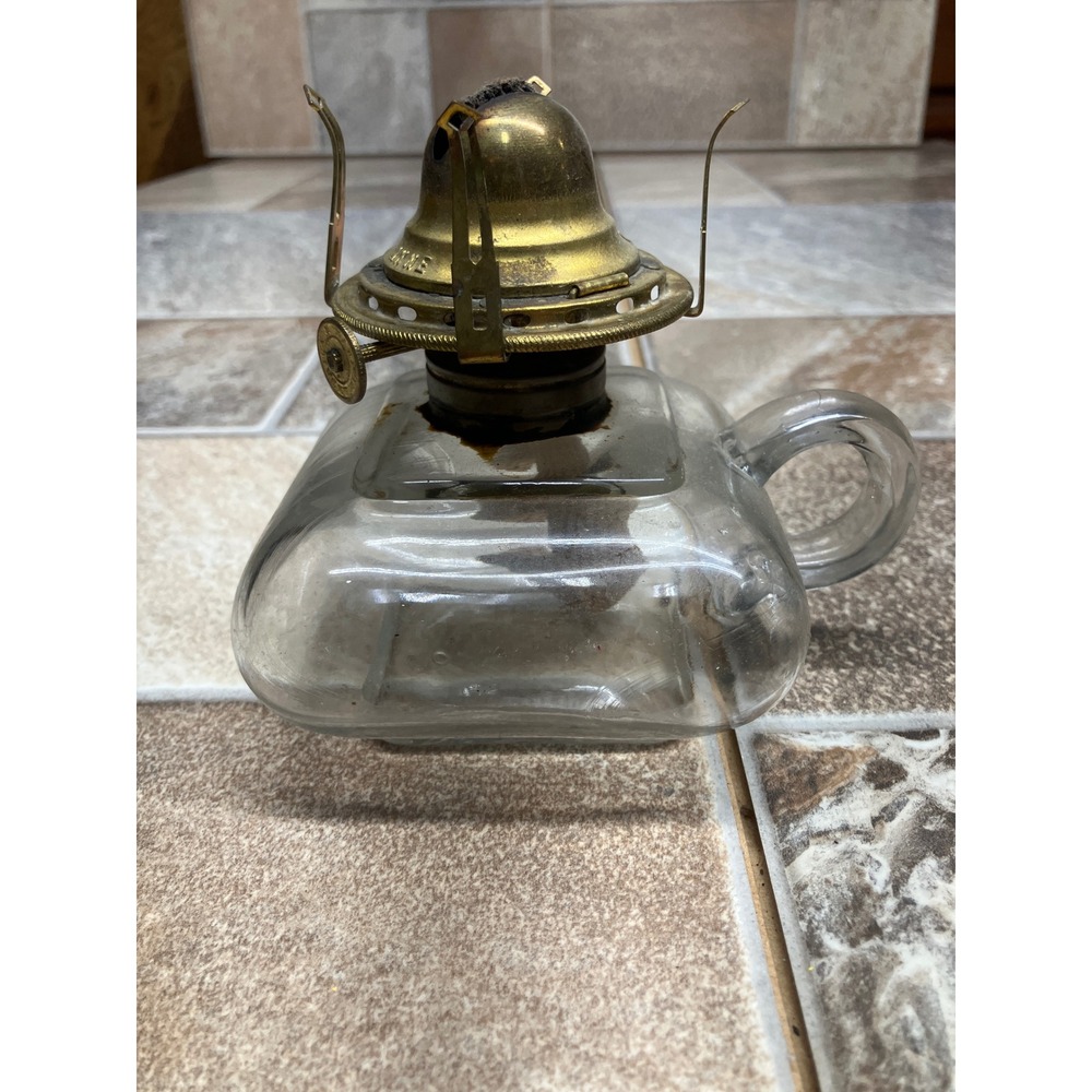 Antique Queen Anne Glass Finger Oil Lamp Brass Burner Clear Square Base 4.5in